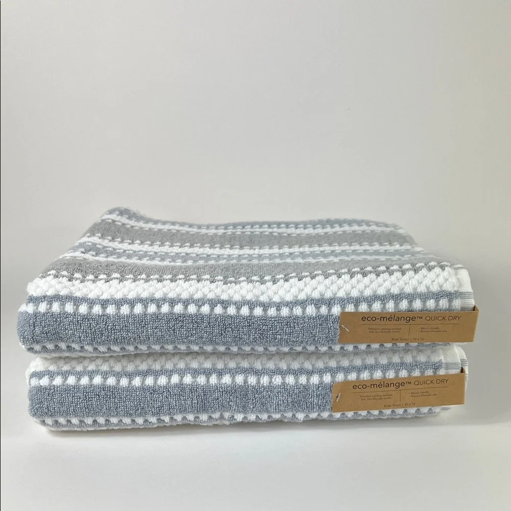 Eco Melange Bath Towel Set Gray Blue White Stripe Quick Dry Soft Cotton 2 Pc NEW